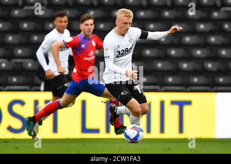 DERBY, ENGLAND. 26. SEPTEMBER 2020 Louie Sibley von Derby County während der Sky Bet Championship Spiel zwischen Derby County und Blackburn Rovers im Pride Park, Derby am Samstag 26. September 2020. (Kredit: Jon Hobley - MI News) Kredit: MI Nachrichten & Sport /Alamy Live Nachrichten Stockfoto