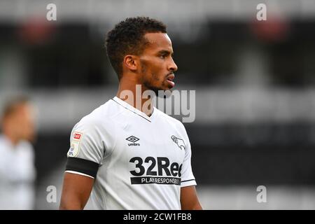 DERBY, ENGLAND. 26. SEPTEMBER 2020 Nathan Byrne von Derby County während des Sky Bet Championship-Spiels zwischen Derby County und Blackburn Rovers im Pride Park, Derby am Samstag, 26. September 2020. (Kredit: Jon Hobley - MI News) Kredit: MI Nachrichten & Sport /Alamy Live Nachrichten Stockfoto