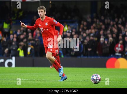 LONDON, ENGLAND - 26. FEBRUAR 2020: Thomas Muller von Bayern im Rahmen der 2019/20 UEFA Champions League Runde 16 zwischen dem FC Chelsea und Bayern München auf der Stamford Bridge. Stockfoto