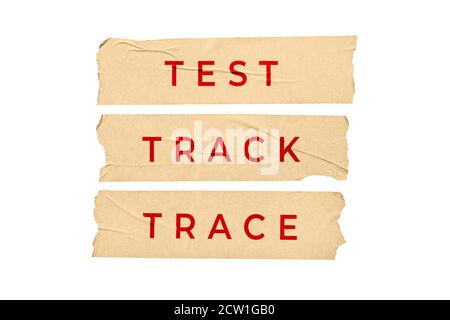 Test Trace Track Konzept. Kleben Sie Sticker mit Text isoliert auf weißem Hintergrund Stockfoto