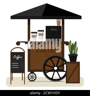 Street Cart Verkauf von Kaffee. Flache Vektordarstellung eines tragbaren Straßenstandes mit Baldachin, Billboard und Kaffeemaschine. Stilvolle Holztheke mit Kaffee zum Mitnehmen. Street Food, Sommer mobile Cafeteria für den Park, Platz, Markt, Messe und Stadtstraßen. Stock Vektor