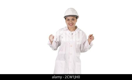 Ingenieurin tanzt auf weißem Hintergrund. Stockfoto