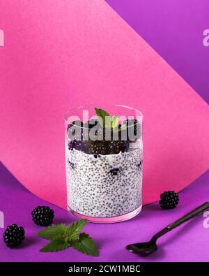 Gesundes Frühstück mit Chiasamen in Kokosmilch mit Beeren Stockfoto