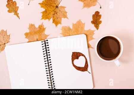 Herbst flach Lay Overhead Draufsicht Kaffeetasse, getrocknete Ahornblätter und Notizbuch auf rosa Hintergrund. Herbstsaison Vorlage für feminine Blog Social Media. Stockfoto