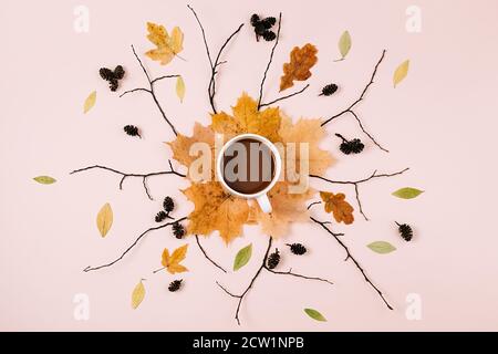 Herbst flach legen mit trockenen Blättern und Kaffeetasse und Kegel auf pastellbeige Studio-Hintergrund mit Kopieplatz für Werbung. Thanksgiving, Herbst, Halle Stockfoto