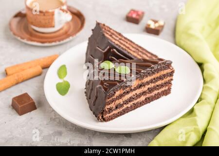 Hausgemachte Schokoladenkuchen mit Milchcreme und einer Tasse Kaffee auf grauem Beton-Hintergrund mit grünem Textil. Seitenansicht, Nahaufnahme, selektiver Fokus. Stockfoto