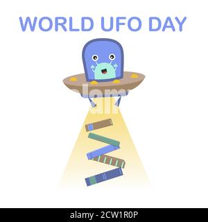 Vektorbild für internationalen UFO-Tag. Ein flaches Bild einer fliegenden Untertasse mit Aliens, die etwas vom Planeten Erde stehlen wollen. Eine lustige Cartoon-Illustration mit einem Raum-Thema. Aliens wollen Bücher stehlen. Stock Vektor