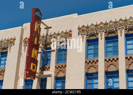 Albuquerque USA September 18 2015; Außenansicht filigrane und retro Detail der Außenfassade des Kimo Theater und historischen Wahrzeichen. Stockfoto