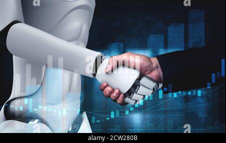 3D Rendering humanoide Roboter Handshake mit Aktienmarkt-Trading-Chart zeigt Kauf-und Verkaufsentscheidung durch KI denken Gehirn, künstliche Intelligenz und Stockfoto