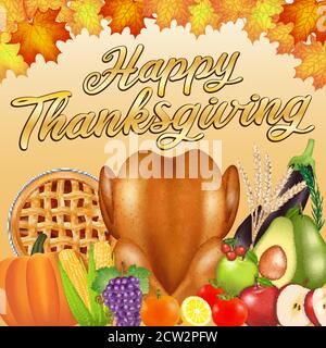 Happy Thanksgiving Feier Poster Banner mit Essen und Obst Stock Vektor