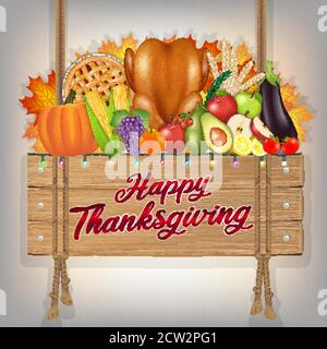 Happy Thanksgiving Feier traditionelle Holz Zeichen Banner mit Essen und Obst Stock Vektor