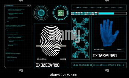 Futuristische HUD-Elemente auf einem Computerdisplay mit menschlichem Scannen, molekularer Struktur und Fingerabdrücken auf einem Bildschirm. High-Tech-Illustration Stockfoto