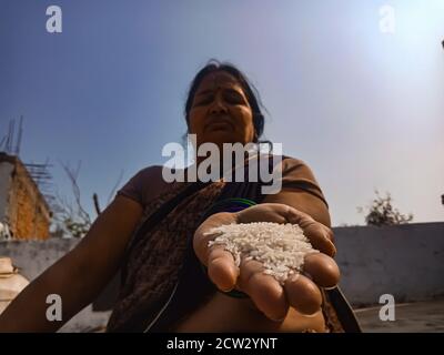 BEZIRK KATNI, INDIEN - 30. DEZEMBER 2019: Eine indische Dorffrau präsentiert Reis rohe Samen auf der Hand in Himmel Hintergrund. Stockfoto