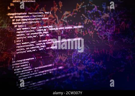 Desktop-PC-Monitor Foto. JavaScript-Funktionen, Variablen, Objekte. Projektmanager arbeiten neue Idee. Prozess zur Erstellung zukünftiger Technologien. Stockfoto