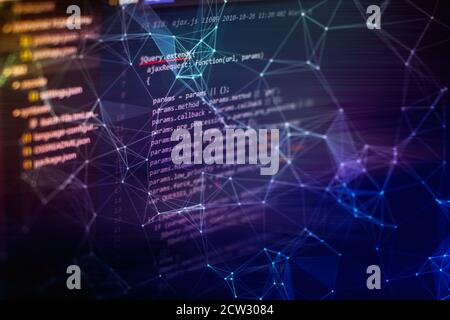 Desktop-PC-Monitor Foto. JavaScript-Funktionen, Variablen, Objekte. Projektmanager arbeiten neue Idee. Prozess zur Erstellung zukünftiger Technologien. Stockfoto