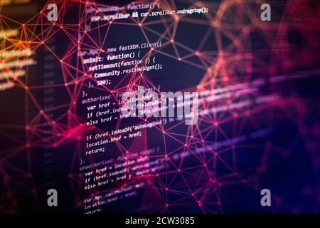 Desktop-PC-Monitor Foto. JavaScript-Funktionen, Variablen, Objekte. Projektmanager arbeiten neue Idee. Prozess zur Erstellung zukünftiger Technologien. Stockfoto