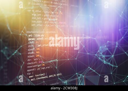 Desktop-PC-Monitor Foto. JavaScript-Funktionen, Variablen, Objekte. Projektmanager arbeiten neue Idee. Prozess zur Erstellung zukünftiger Technologien. Stockfoto