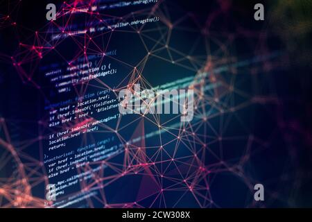 Desktop-PC-Monitor Foto. JavaScript-Funktionen, Variablen, Objekte. Projektmanager arbeiten neue Idee. Prozess zur Erstellung zukünftiger Technologien. Stockfoto