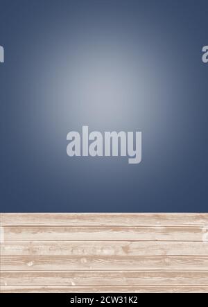Leere blaue Hintergrundwand mit Licht und alten Holzplatten Textur Boden. Stockfoto