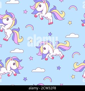 Niedliches Einhorn Nahtloses Muster. Magic Cartoon Tier mit lila rosa Mähne und gelben Schwanz. Stock Vektor