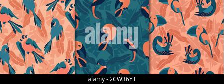 Vögel im Dschungel nahtloses Muster. Exotische Papageien orange grün tropisches Paradies mit Tukanen Dschungel Reben und Blumen. Stock Vektor