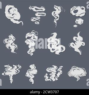 Rauch Set Effekte, Cartoon Dampf Wolken, Puff und Nebel, Nebel Wasserdampf und Staubexplosion. Vektor rauchig Design-Symbol, stinkt Effekt weiß, Trail illu Stock Vektor
