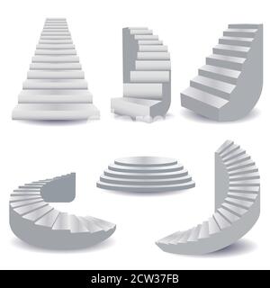 Weiße Treppe Sammlung. Treppe isoliert 3d, Treppe für innen. Podestbühne, Treppenhaus rund, 3d-Grundvorlage, Treppenhaus Sammlung. Vektor-il Stock Vektor