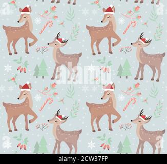 Frohe weihnachten Nahtloses Muster. Cute Fawn im Winter Wald wiederholen Textur.Little Hirsch trägt weihnachtsmann Hut, Schneeflocken endlosen Hintergrund Stock Vektor