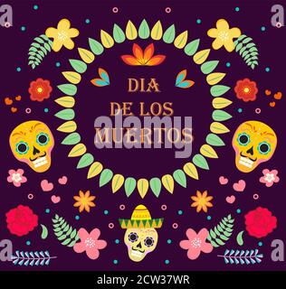 Day of the Dead Mexican Urlaub Ikonen flachen Stil. Dia de los muertos Sammlung von Objekten, Design-Elemente mit Zucker Schädel, Skelett, Blumen Stock Vektor
