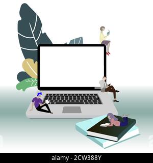 Online-Konzept lesen. Online lernen und lesen, E-Learning aus der Ferne, Webinar-Tutorial mit Laptop. Vektor lernen Bücher Menschen, Illustration lernen Stock Vektor