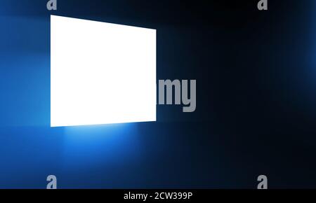 Abstrakter cgi Hintergrund mit leuchtendem weißen quadratischen Bildschirm über dunkelblauem Hintergrund. 3d-Rendering-Illustration Stockfoto