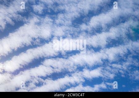 Wellen Sie Wolken in blauem Himmel. In der Meteorologie sind diese Wolken als Altocumulus undulatus bekannt. Stockfoto