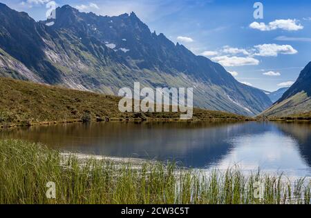 ROMEDALEN, NORWEGEN - 2014. JULI 21. Verträumtes Bergtal mit grünen Wäldern, Felsen und See. Stockfoto