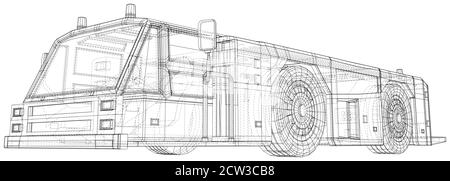 Abschleppwagen Transport im Flughafen. Draht-Rahmen-Leitung isoliert. Vektorrendering von 3d. Stock Vektor