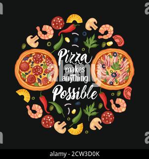 Handgezeichnete Beschriftung Lebensmittel leckere Pizza Poster Illustration. Isoliertes Restaurant und Pizza Liebhaber Vektor-Kunst. Runde Karte T-Shirt drucken mit einem Zitat. Pizza macht alles möglich. Stock Vektor