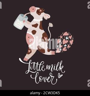 Weihnachten niedlich Cartoon Kuh Vektor Illustration mit Hand gezeichnet Schriftzug - kleine Milch Liebhaber. Tierkarte mit Milch und Herzen. Neujahr 2021. Stock Vektor