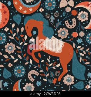 Nordic horse seamless vector pattern. Hand drawn cute cartoon dreamy illustration on a dark background with flower and magic animals. Tradition floral scandinavian art. Nursery, fairytale wallpaper. Stock Vektor