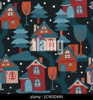 Nordisches Waldhaus nahtlose Vektor-Muster. Handgezeichnete skandinavische Cartoon Dorf Illustration auf einem dunklen Hintergrund. Waldgebäude Kinderzeichnung. Stock Vektor