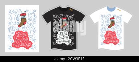 Vector T-Shirt Design Vorlage für Kinder und Erwachsene auf weiß und schwarz. Weihnachten Winter Lettering Zitat Cute Cartoon Illustration. Heißer Kakao und flauschige Socken - eine gemütliche Winternacht. Stock Vektor