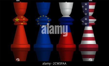 3D-Illustration eines Konzepts des Großkraftwettbewerbs mit Flaggen der Europäischen Union, Russlands, der USA und Chinas auf Schachfiguren. 3D-Rendering Stockfoto