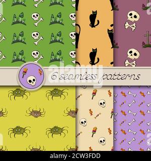 Vektor-Set von sechs Halloween nahtlose Muster. Farbig. Stock Vektor
