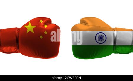 Konzept des Konflikts zwischen der Volksrepublik China und Indien mit zwei Boxhandschuhen. 3d-Rendering Stockfoto