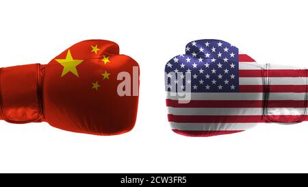 Konzept des Konflikts zwischen der Volksrepublik China und den Vereinigten Staaten von Amerika mit zwei Boxhandschuhen. 3d-Rendering Stockfoto