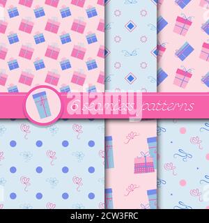 Vector Set von sechs nahtlose Muster mit Geschenkboxen und Schleifen, in rosa und blauen Farben. Stock Vektor