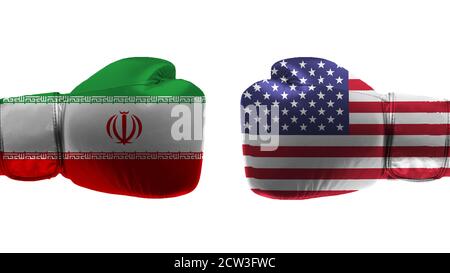 Konzept des Konflikts zwischen den Vereinigten Staaten von Amerika und der Islamischen Republik Iran mit zwei Boxhandschuhen. 3d-Rendering Stockfoto