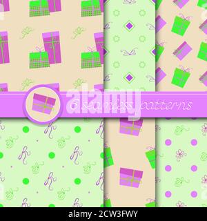 Vector Set von sechs nahtlose Muster mit Geschenkboxen und Schleifen, in violetten und grünen Farben. Stock Vektor
