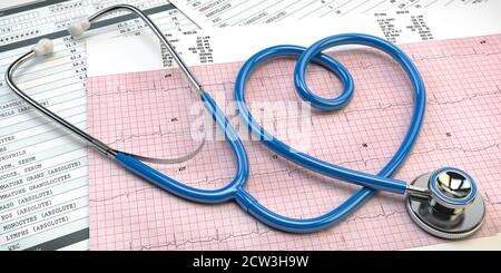 Stethoskop in Form von Herz-Herzschlag-EKG-Bericht. Medizinisches Kardiologiekonzept. 3d-Illustration Stockfoto