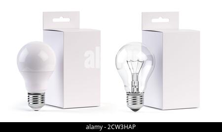 Elektrische Glühbirnen LED und Glühlampe mit leerem Papierkasten isoliert auf weiß. 3D-Illustration nachmachen Stockfoto