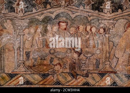 última cena de Cristo, pinturas góticas, Iglesia de San Martín de Tours, Gazeo, Álava, Spanien, Europa Stockfoto