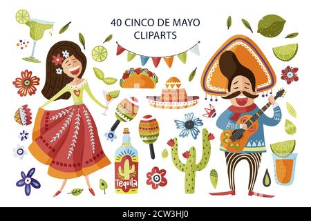 Cinco de Mayo Vektor bunte Cliparts Set. Urlaub mexikanische Ikone Sammlung mit Cartoon glücklichen Mann mit Gitarre und schöne senorita Mädchen, Sombrero, Taco, Maracas und andere traditionelle Festival-Symbole Stock Vektor